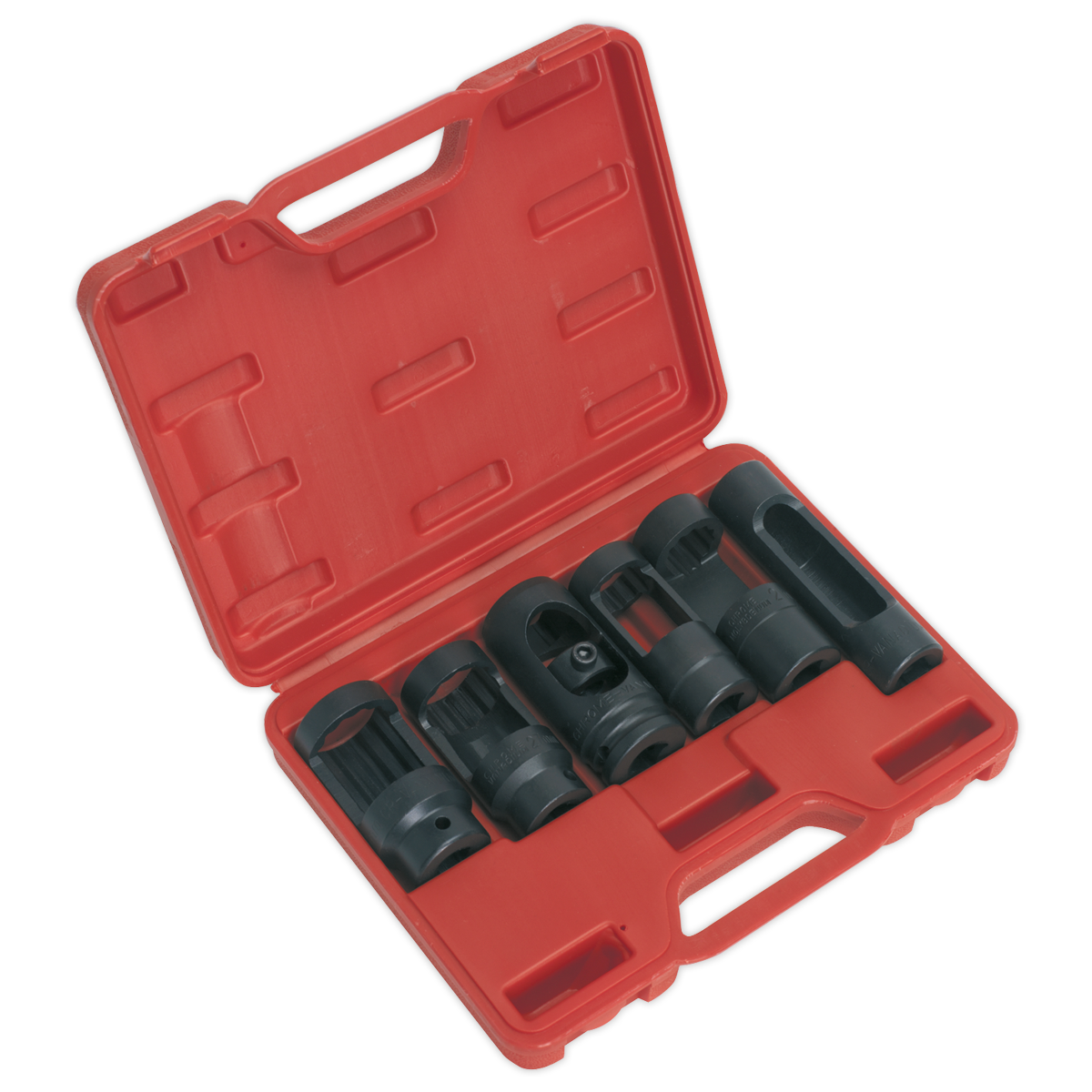 The Diesel Injector Window Socket Set 6pc 1/2"Sq Drive - SX0401 by Sealey features six black Chrome Molybdenum sockets, each securely placed in individual slots within a red plastic case. The 1/2" square drive sockets make it ideal for injector removal and installation, and the case includes a handle for easy portability.