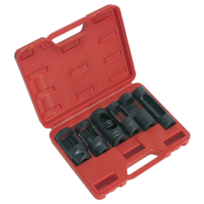 The Diesel Injector Window Socket Set 6pc 1/2"Sq Drive - SX0401 by Sealey features six black Chrome Molybdenum sockets, each securely placed in individual slots within a red plastic case. The 1/2" square drive sockets make it ideal for injector removal and installation, and the case includes a handle for easy portability.