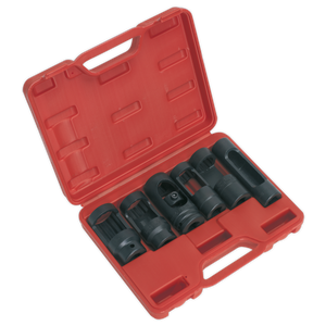 The Diesel Injector Window Socket Set 6pc 1/2"Sq Drive - SX0401 by Sealey features six black Chrome Molybdenum sockets, each securely placed in individual slots within a red plastic case. The 1/2" square drive sockets make it ideal for injector removal and installation, and the case includes a handle for easy portability.