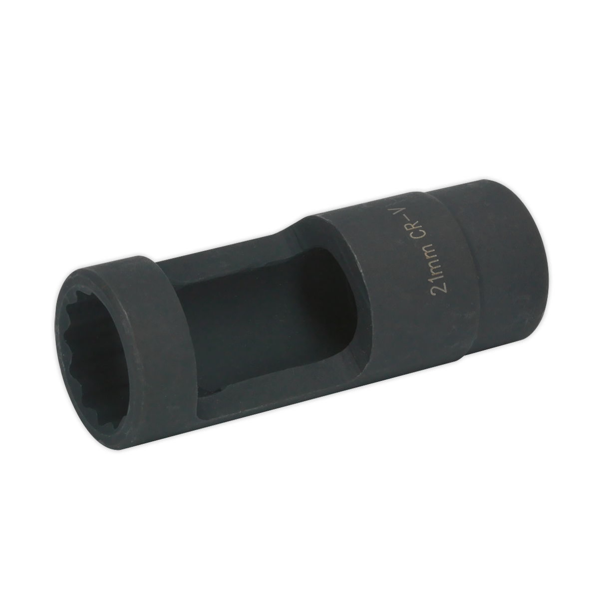 The Sealey Injector Socket 21 x 84mm 1/2"Sq Drive - SX042, featuring a durable Chrome Vanadium construction, a hexagonal opening, and a cylindrical body in black, is shown as an ideal tool for Ford Duratorq engines.