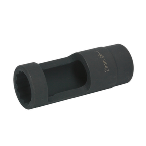 The Sealey Injector Socket 21 x 84mm 1/2"Sq Drive - SX042, featuring a durable Chrome Vanadium construction, a hexagonal opening, and a cylindrical body in black, is shown as an ideal tool for Ford Duratorq engines.