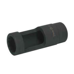 The Sealey Injector Socket 21 x 84mm 1/2"Sq Drive - SX042, featuring a durable Chrome Vanadium construction, a hexagonal opening, and a cylindrical body in black, is shown as an ideal tool for Ford Duratorq engines.