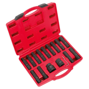 The Sealey Impact Hex, TRX-Star* & TRX-Star* Female Socket Bit Set 16pc 3/4" & 1"Sq Drive - SX098 comes in a red plastic case with black compartments, holding 16 cylindrical tools of various sizes. The set includes extensions and a socket wrench adapter, making it ideal for commercial vehicle applications. Crafted from heavy-duty Chrome Molybdenum, the tools feature high-quality TRX-Star socket bits.