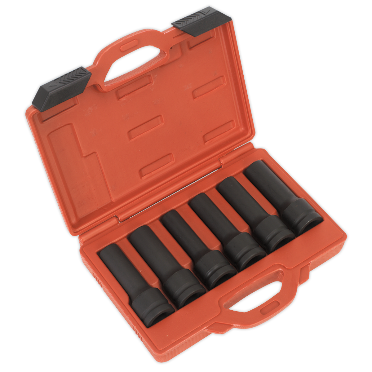 An open Sealey red plastic carrying case containing the SX099 Impact 12-Point & TRX-Star* Female Deep Socket Set with six black heavy-duty impact sockets neatly arranged inside.