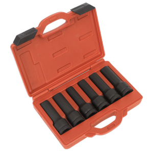 An open Sealey red plastic carrying case containing the SX099 Impact 12-Point & TRX-Star* Female Deep Socket Set with six black heavy-duty impact sockets neatly arranged inside.