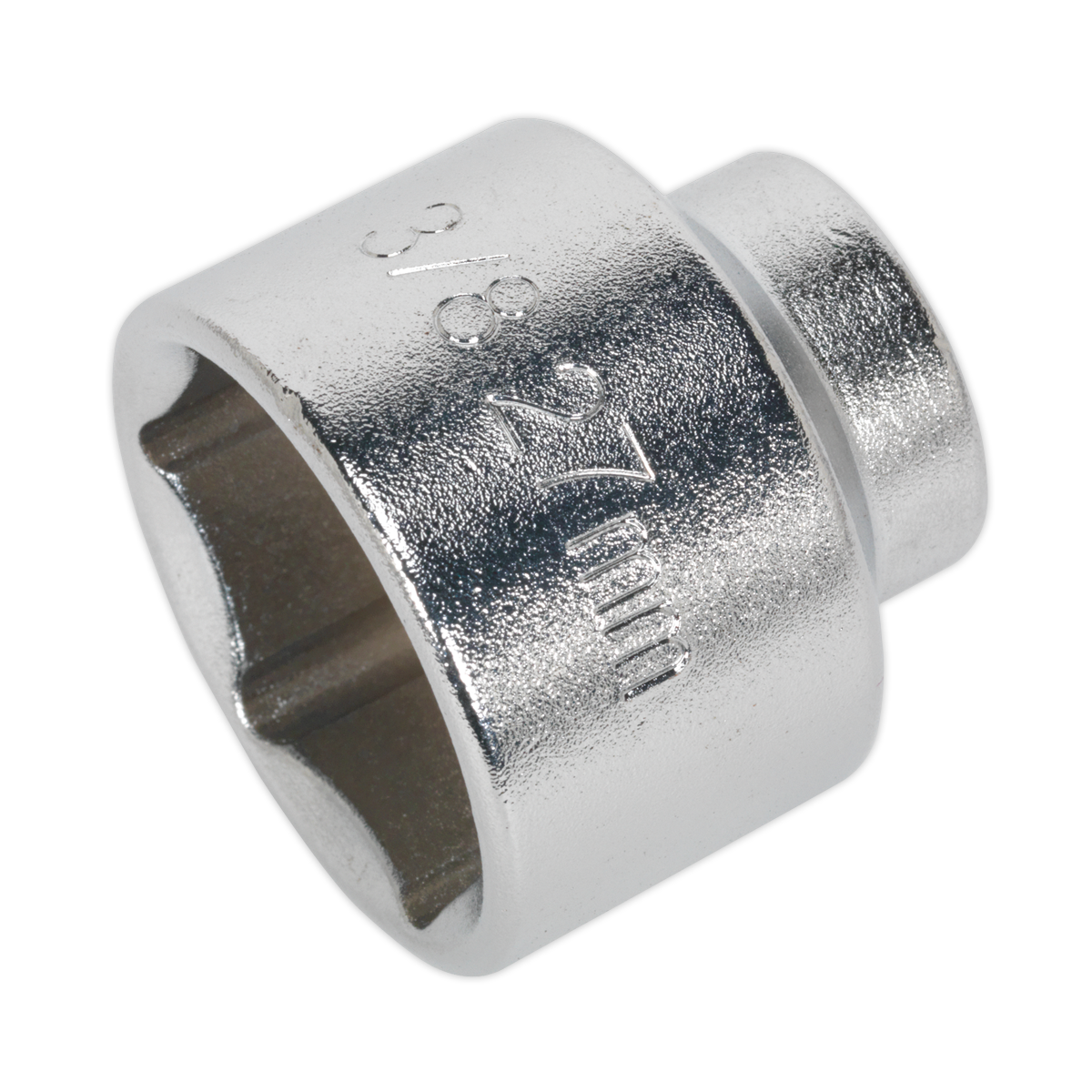 A close-up of the Sealey Low Profile Oil Filter Socket 27mm 3/8"Sq Drive (SX112), with "27mm" imprinted on its surface, showcasing its low profile design.