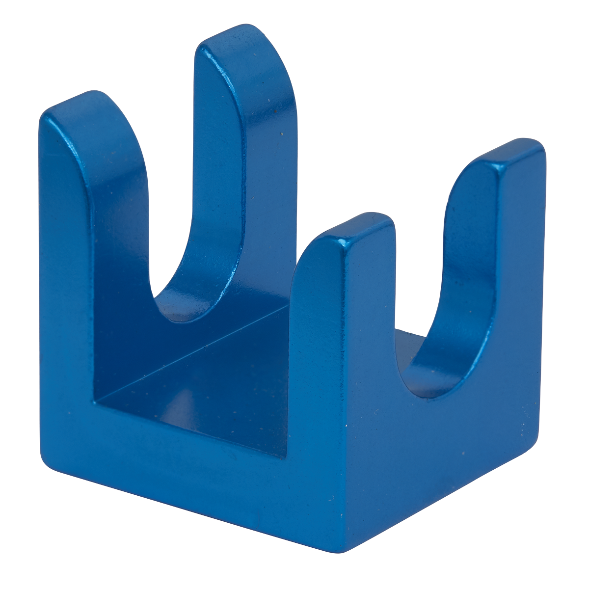 A durable, blue U-shaped metal bracket featuring two vertical slots, designed to hold or support items, reminiscent of the reliability found in BMW 3 Series components from Sealey's Fuel Line Disconnection Tool - BMW - SX199.