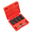 The Sealey Locking Wheel Nut Removal Set 5pc 1/2"Sq Drive - SX201 includes a red plastic case with four black cylindrical sockets specifically designed for wheel locking nuts, and a metallic rod.