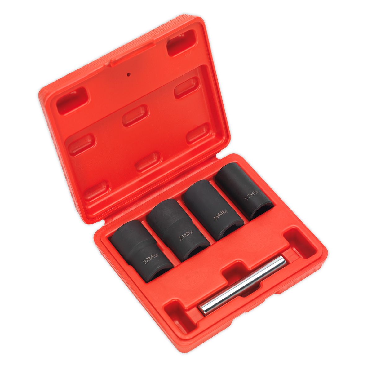 The Sealey Locking Wheel Nut Removal Set 5pc 1/2"Sq Drive - SX201 includes a red plastic case with four black cylindrical sockets specifically designed for wheel locking nuts, and a metallic rod.