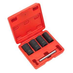 The Sealey Locking Wheel Nut Removal Set 5pc 1/2"Sq Drive - SX201 includes a red plastic case with four black cylindrical sockets specifically designed for wheel locking nuts, and a metallic rod.