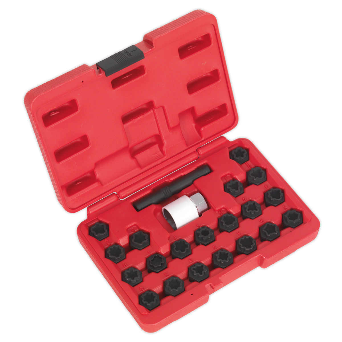 The Sealey Locking Wheel Nut Key Set 22pc - Audi - SX206 is housed in a red plastic case with multiple compartments, containing various black tools and a white cylindrical component. The open case showcases the neatly arranged contents, making it perfect for vehicle dealers, and includes locking wheel nuts.