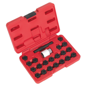 The Sealey Locking Wheel Nut Key Set 22pc - Audi - SX206 is housed in a red plastic case with multiple compartments, containing various black tools and a white cylindrical component. The open case showcases the neatly arranged contents, making it perfect for vehicle dealers, and includes locking wheel nuts.