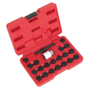 The Sealey Locking Wheel Nut Key Set 22pc - Audi - SX206 is housed in a red plastic case with multiple compartments, containing various black tools and a white cylindrical component. The open case showcases the neatly arranged contents, making it perfect for vehicle dealers, and includes locking wheel nuts.