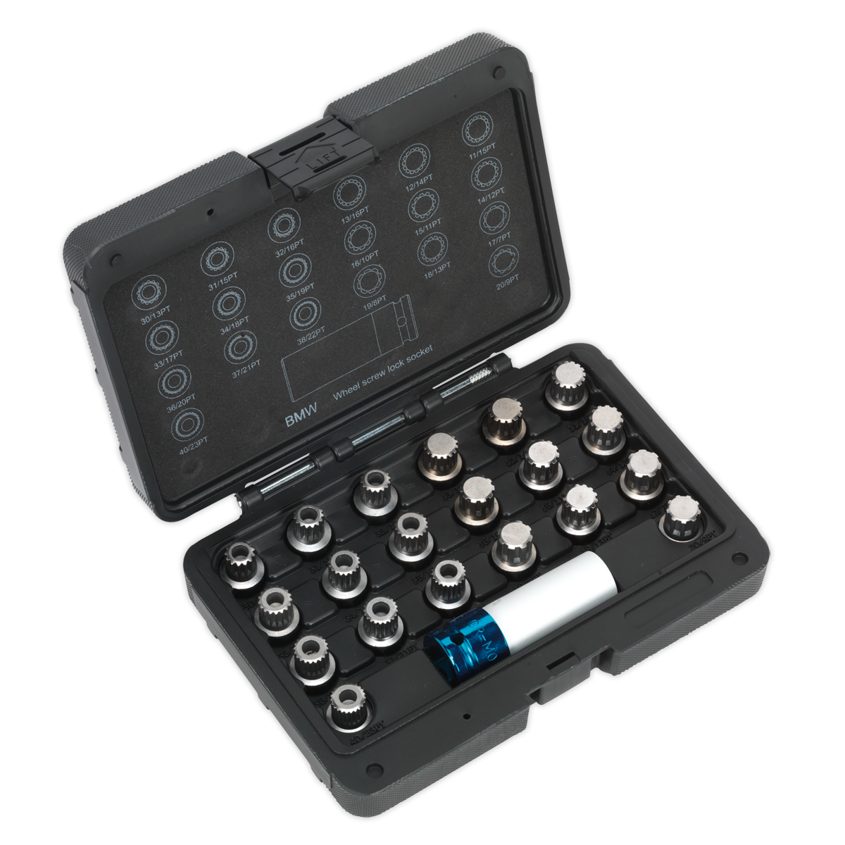 A black plastic case from Sealey containing the Locking Wheel Nut Key Set 21pc - BMW & Mini - SX209, securely arranged in foam.