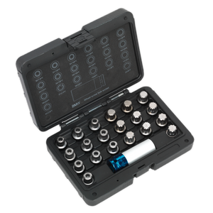 A black plastic case from Sealey containing the Locking Wheel Nut Key Set 21pc - BMW & Mini - SX209, securely arranged in foam.