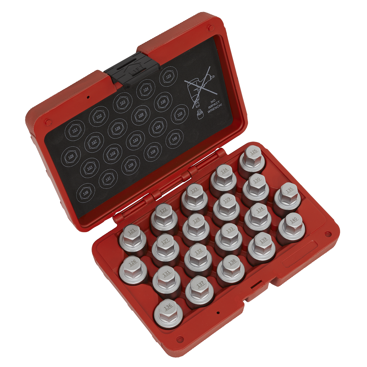 The Sealey Locking Wheel Nut Key Set 20pc - Vauxhall-B - SX215 is a red case containing twenty socket pieces, neatly arranged inside. Various sizes are indicated on the lid, along with specialized lock keys for securely locking wheel nuts.