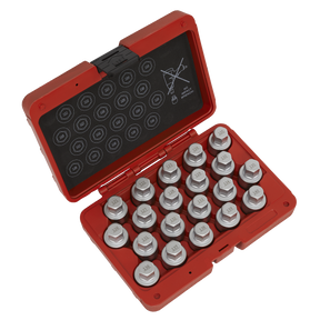 The Sealey Locking Wheel Nut Key Set 20pc - Vauxhall-B - SX215 is a red case containing twenty socket pieces, neatly arranged inside. Various sizes are indicated on the lid, along with specialized lock keys for securely locking wheel nuts.