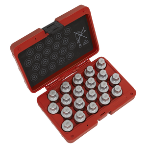 The Sealey Locking Wheel Nut Key Set 20pc - Vauxhall-B - SX215 is a red case containing twenty socket pieces, neatly arranged inside. Various sizes are indicated on the lid, along with specialized lock keys for securely locking wheel nuts.