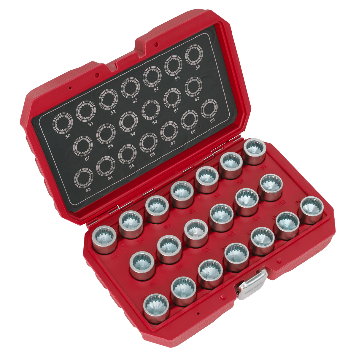 The Sealey Locking Wheel Nut Key Set 20pc - Porsche - SX221 comes in a red case and includes a set of metal sockets and security locking keys arranged in two rows, complete with corresponding size labels on the inside of the lid.