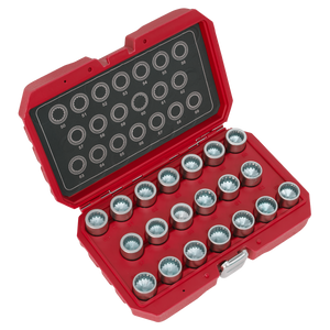 The Sealey Locking Wheel Nut Key Set 20pc - Porsche - SX221 comes in a red case and includes a set of metal sockets and security locking keys arranged in two rows, complete with corresponding size labels on the inside of the lid.