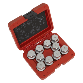 A Sealey Locking Wheel Nut Key Set 10pc - Land Rover - SX222, featuring a red case holding ten hexagonal metal keys labeled A to J, each securely fitted into individual slots designed for Land Rover security locking wheel nuts.