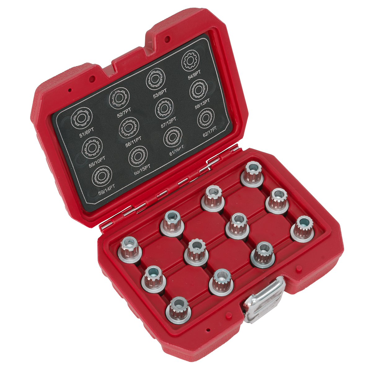 The Sealey Locking Wheel Nut Key Set 12pc - VW - SX224 is a red and black case with 12 metal hex keys neatly organized inside, ideal for working on VW wheel nuts. The lid includes size labels and corresponding diagrams for each hex key, ensuring you always have the right tool for your VW vehicle.