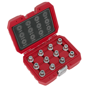 The Sealey Locking Wheel Nut Key Set 12pc - VW - SX224 is a red and black case with 12 metal hex keys neatly organized inside, ideal for working on VW wheel nuts. The lid includes size labels and corresponding diagrams for each hex key, ensuring you always have the right tool for your VW vehicle.