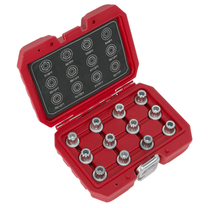 The Sealey Locking Wheel Nut Key Set 12pc - VW - SX224 is a red and black case with 12 metal hex keys neatly organized inside, ideal for working on VW wheel nuts. The lid includes size labels and corresponding diagrams for each hex key, ensuring you always have the right tool for your VW vehicle.