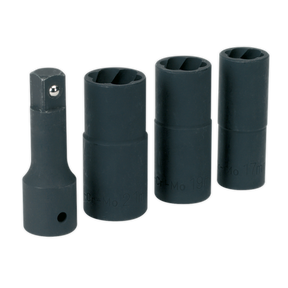 Four black, cylindrical Sealey Impact Wheel Nut/Removal Flip Sockets 1/2" Square Drive (model SX271), crafted from durable Chrome Molybdenum, are aligned side by side against a white background.