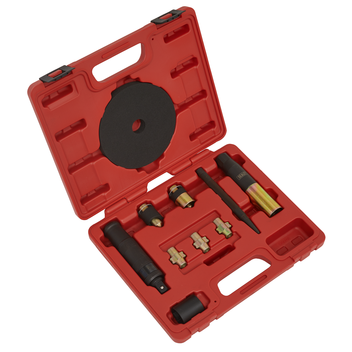 The Sealey Master Locking Wheel Nut Removal Set - SX299 is a red plastic workshop tool case equipped with various specialized tools and components, each neatly arranged in designated spots within the case. It features a black handle on one side, making it ideal for vehicle dealers requiring organized storage for locking wheel nuts.