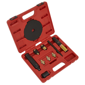 The Sealey Master Locking Wheel Nut Removal Set - SX299 is a red plastic workshop tool case equipped with various specialized tools and components, each neatly arranged in designated spots within the case. It features a black handle on one side, making it ideal for vehicle dealers requiring organized storage for locking wheel nuts.
