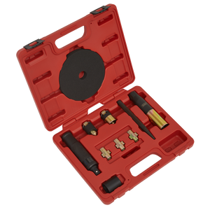 The Sealey Master Locking Wheel Nut Removal Set - SX299 is a red plastic workshop tool case equipped with various specialized tools and components, each neatly arranged in designated spots within the case. It features a black handle on one side, making it ideal for vehicle dealers requiring organized storage for locking wheel nuts.