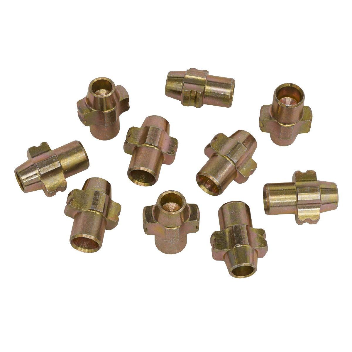 Ten brass hydraulic hose connectors from Sealey, Cutter C for SX299 (Pack of 10 - SX299DB), arranged on a white background.