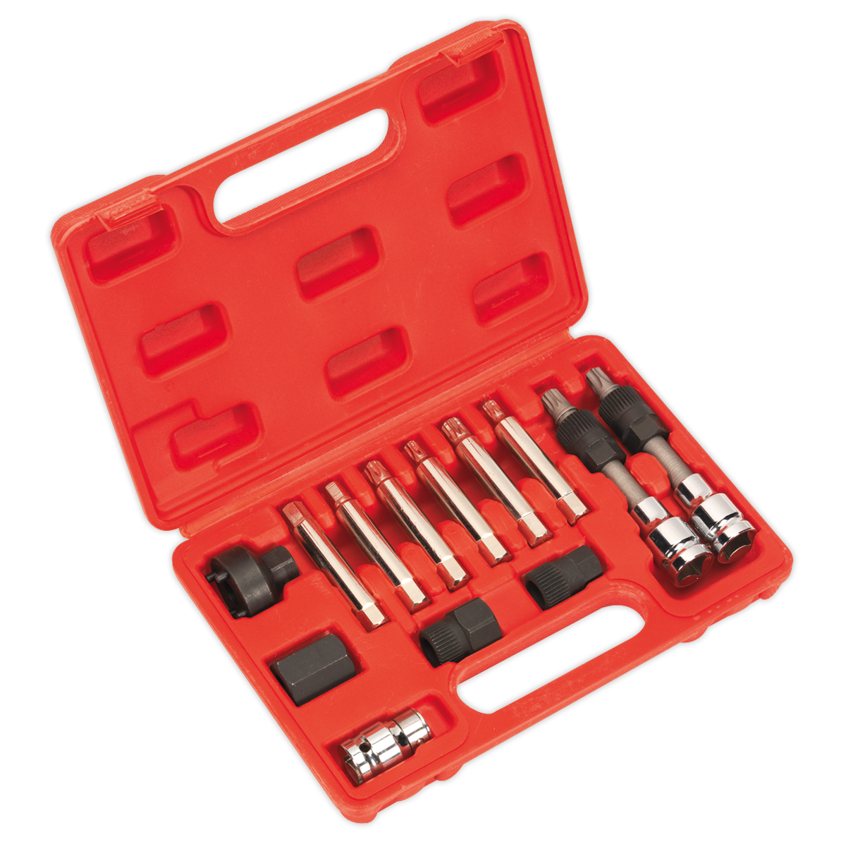 The Sealey Alternator Freewheel Removal Set 13pc - SX401 is a red plastic case containing an array of tools, including sockets and bits, all neatly organized in molded compartments. This set includes essential tools for working on your vehicle's alternator shaft and over running alternator pulley.