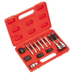 The Sealey Alternator Freewheel Removal Set 13pc - SX401 is a red plastic case containing an array of tools, including sockets and bits, all neatly organized in molded compartments. This set includes essential tools for working on your vehicle's alternator shaft and over running alternator pulley.
