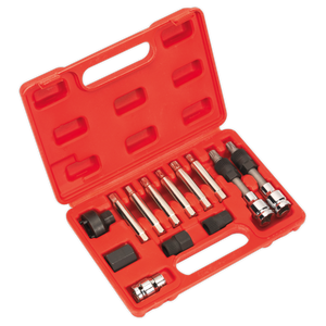 The Sealey Alternator Freewheel Removal Set 13pc - SX401 is a red plastic case containing an array of tools, including sockets and bits, all neatly organized in molded compartments. This set includes essential tools for working on your vehicle's alternator shaft and over running alternator pulley.