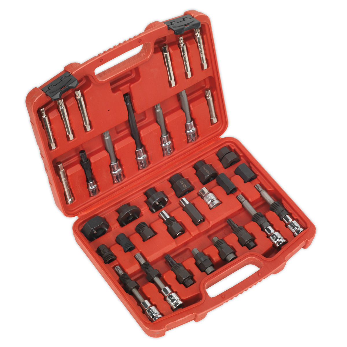 A red plastic tool case is open, displaying a variety of socket wrenches and extensions neatly organized in molded compartments. Nestled among them is the Sealey Alternator Freewheel Pulley Removal Set 35pc - SX404, a specialized tool for servicing a freewheel alternator pulley.