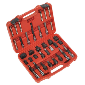 A red plastic tool case is open, displaying a variety of socket wrenches and extensions neatly organized in molded compartments. Nestled among them is the Sealey Alternator Freewheel Pulley Removal Set 35pc - SX404, a specialized tool for servicing a freewheel alternator pulley.