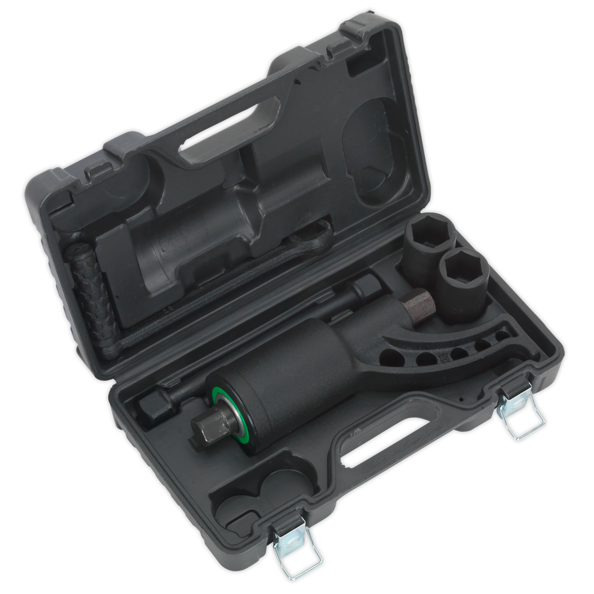 The Sealey Torque Multiplier Wheel Nut Wrench 65:1 - SX500 is a black mechanical tool set in an open carrying case, featuring a wrench, impact sockets, and several smaller components. The case has secure latches and moldings to organize the tools, making it perfect for tackling wheel nuts with ease.