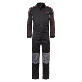 Introducing the AGCO Massey Ferguson - S Collection Overalls (X993482201) in black and gray with stylish red accents, featuring a front zipper and long sleeves for a contemporary look.