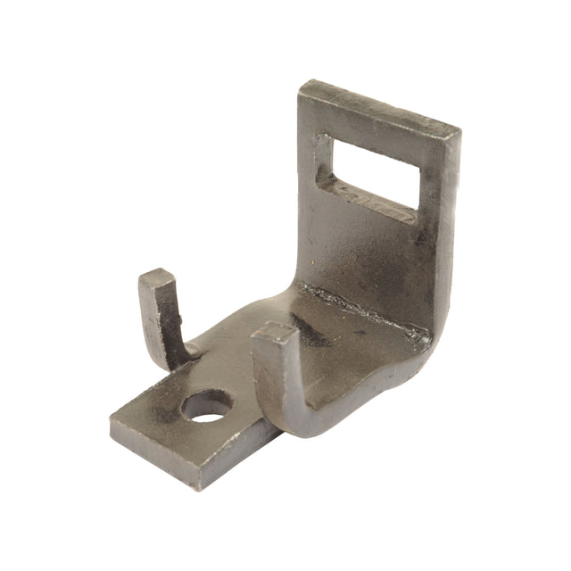 A Sparex S Tine Clamp (Part No. S.22328), designed for universal tractors, features a rectangular cutout at the top, a mounting hole at the base, and two upward hooks on the front; it measures 32x12mm and is suitable for 50x50mm applications.