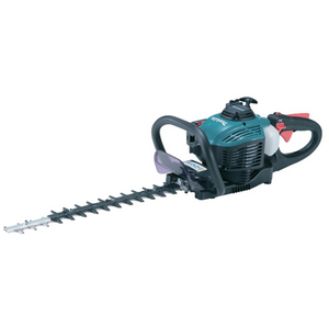 The Makita EH5000W 22.2cc Petrol Hedge Trimmer - MT-EH5000W by Makita features a dual-sided blade, ergonomic handles, and an air-cooled 2-stroke engine.