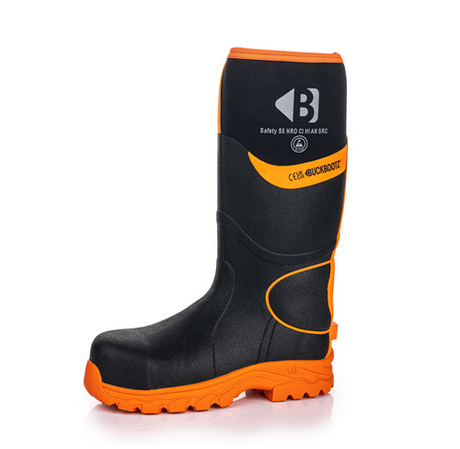 A single Buckler Hi Viz black and orange safety boot, labeled “Buckler," designed for heavy-duty use with a textured sole, featuring model BBZ8000BK/OR for enhanced durability.