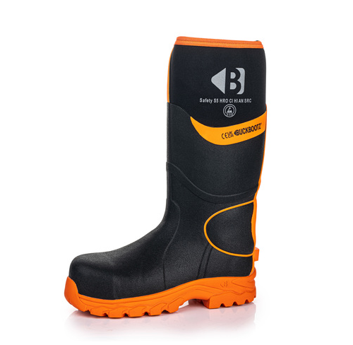 *STOCK CLEARANCE* - UK Size 4 - Buckler Hi-Viz Safety Wellies – Black & Orange Waterproof Boots | BBZ8000BK/OR
