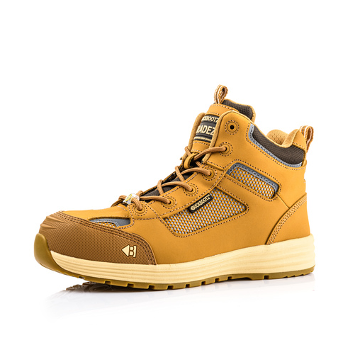 A single Buckler - Largo Bay Safety Trainer - Bazhy in tan, featuring mesh panels, black accents, a composite toe cap, and a slip-resistant rubber sole on a white background.