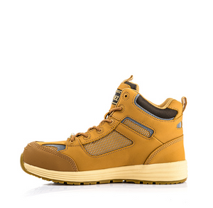 Side view of the Buckler - Largo Bay Safety Trainer - Bazhy from Buckler in tan with gray mesh panels. This lace-up boot features a padded collar, beige rubber sole, slip-resistant properties, and a composite toe cap for enhanced protection.