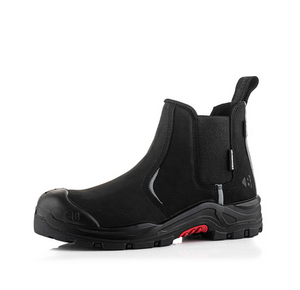 The Buckler Nubuckz Safety Dealer Boot, model Nkz101Bk, is a black ankle-high work boot that features a composite toe cap, thick non-slip sole, pull tabs on the front and back, and elastic side panels for ultimate safety footwear.