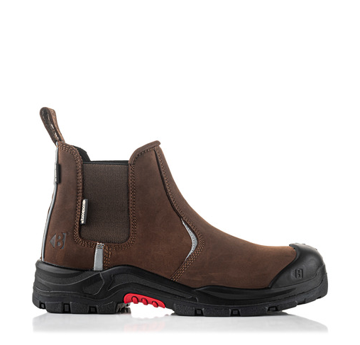 The Buckler Nubuckz Safety Dealer Boot (Nkz101Br) is a brown leather slip-on work boot featuring a black slip-resistant rubber sole and toe cap with red accents. This piece of safety footwear from Buckler ensures both durability and style.