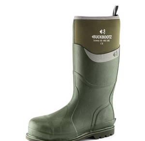 A lone olive green and grey rubber boot, branded "Buckler - Safety Buckbootz Green - BBZ6000GR," showcases an S5 safety neoprene design with a steel toecap, set against a plain white background.