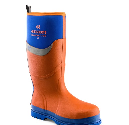 The Buckler - Safety Buckbootz Orange (BBZ6000OR), a single boot in orange and blue by Buckler, features reinforced toe and heel for robust protection and user comfort, conforming to the EN S5 standard, and is standing upright on a white background.